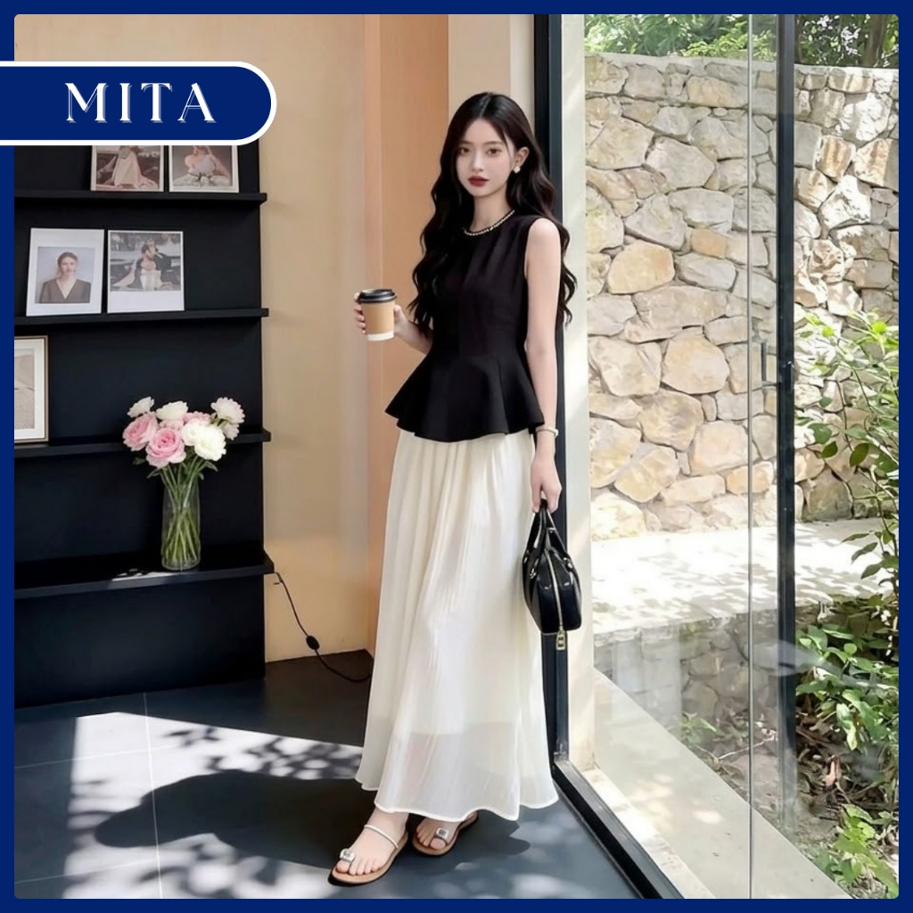 Set Váy Dự Tiệc Cổ Tròn Đính Cườm Chân Váy Voan Tơ Dáng Maxi-F83