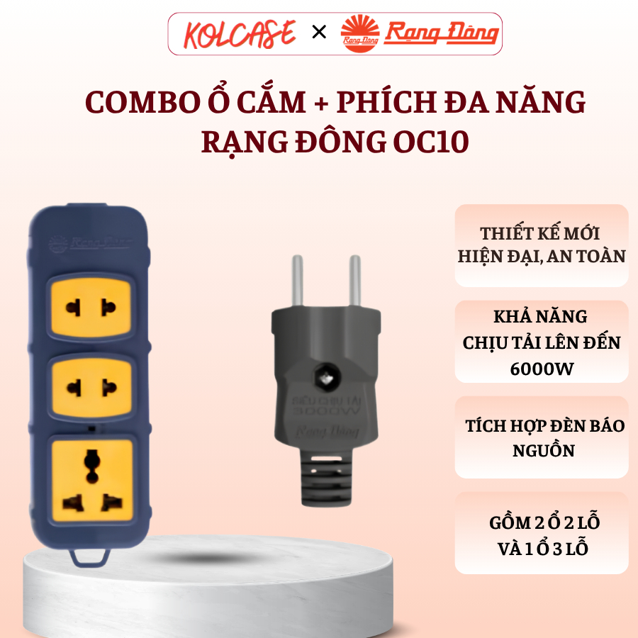 Combo Ổ Cắm + Phích Đa Năng Rạng Đông OC10 – 3 Ổ Cắm Linh Hoạt, Chịu Tải 6000W, An Toàn Tiện Lợi