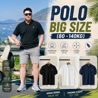 Áo POLO Nam Bigsize 80-140KG AKYOO Cao Cấp Cotton Co Giãn, Thâm Hút Mồ Hôi, Áo Polo Bigsize - PL T TRON, C TRANG, C DEN