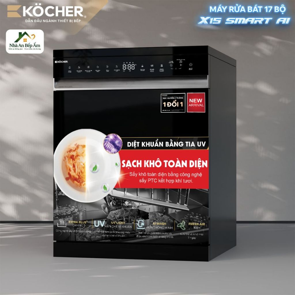 Máy Rửa Bát Âm Tủ Kocher X15 Smart AI 17 Bộ Sấy Turbo Dry Diệt Khuẩn UV AI Wash Malaysia,Bảo Quản Bá