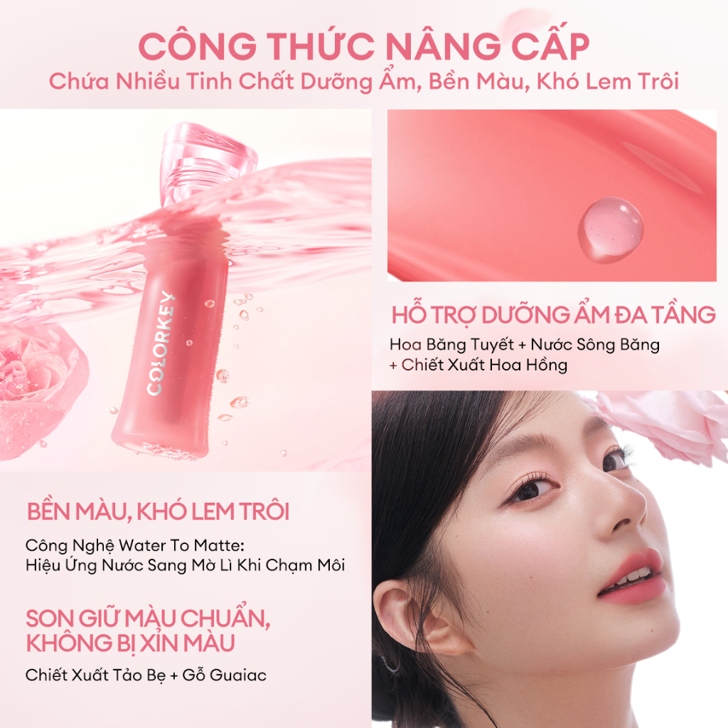 Ảnh 9 của Son Bóng Mờ Colorkey Watery Son Môi Dạng Lỏng Chống Dính Chống Thấm Nước Trang Điểm Môi