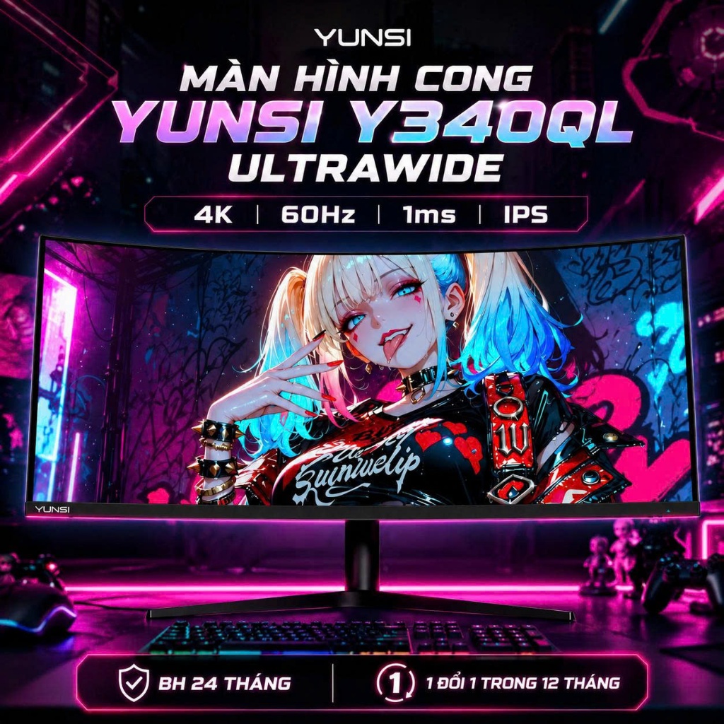 Màn Hình Cong YUNSI Y340QL Ultrawide 34 Inch 4K IPS 60Hz 1ms | Chân Đế Nâng Hạ | BH 24T | Full VAT