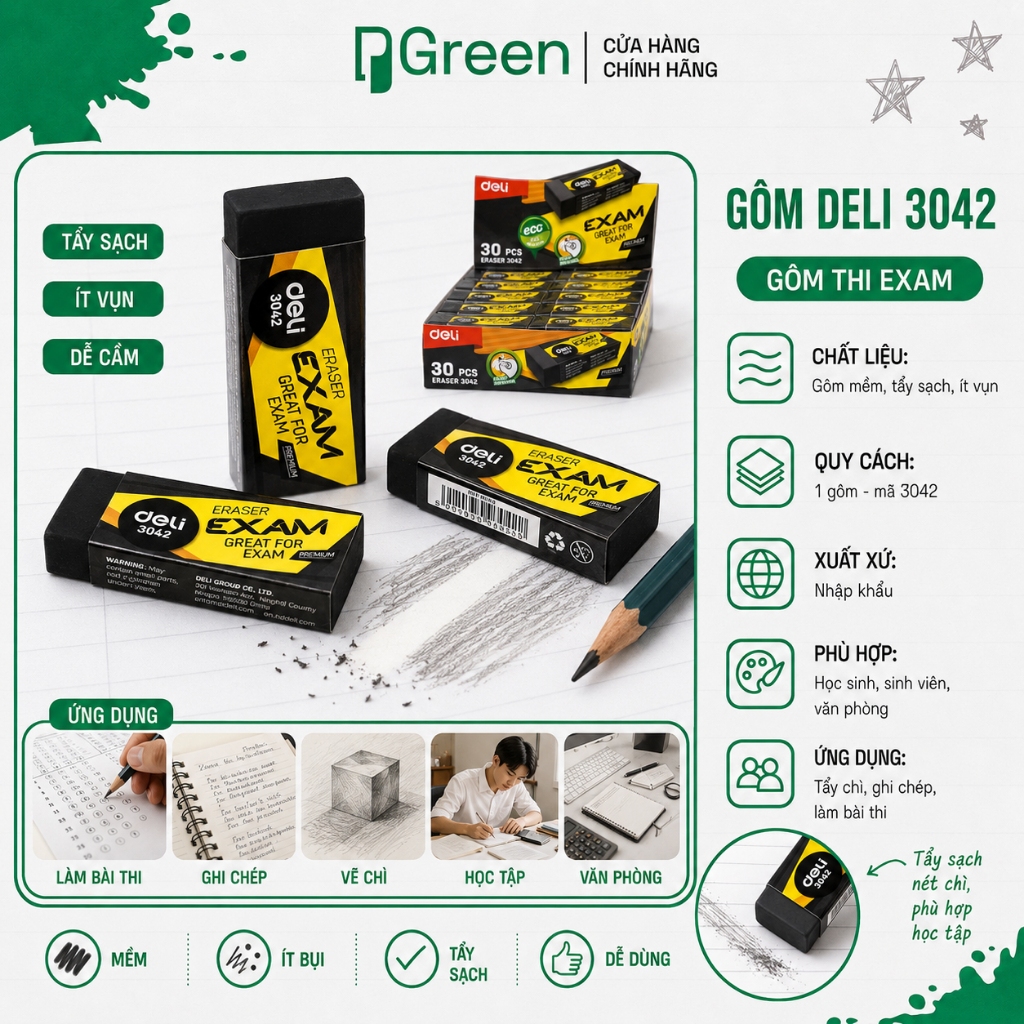 Gôm Tẩy Đen Deli 3042 / E3042 – Tẩy Chì Sạch, Ít Vụn, Mềm Êm, Không Làm Rách Giấy | PGREEN