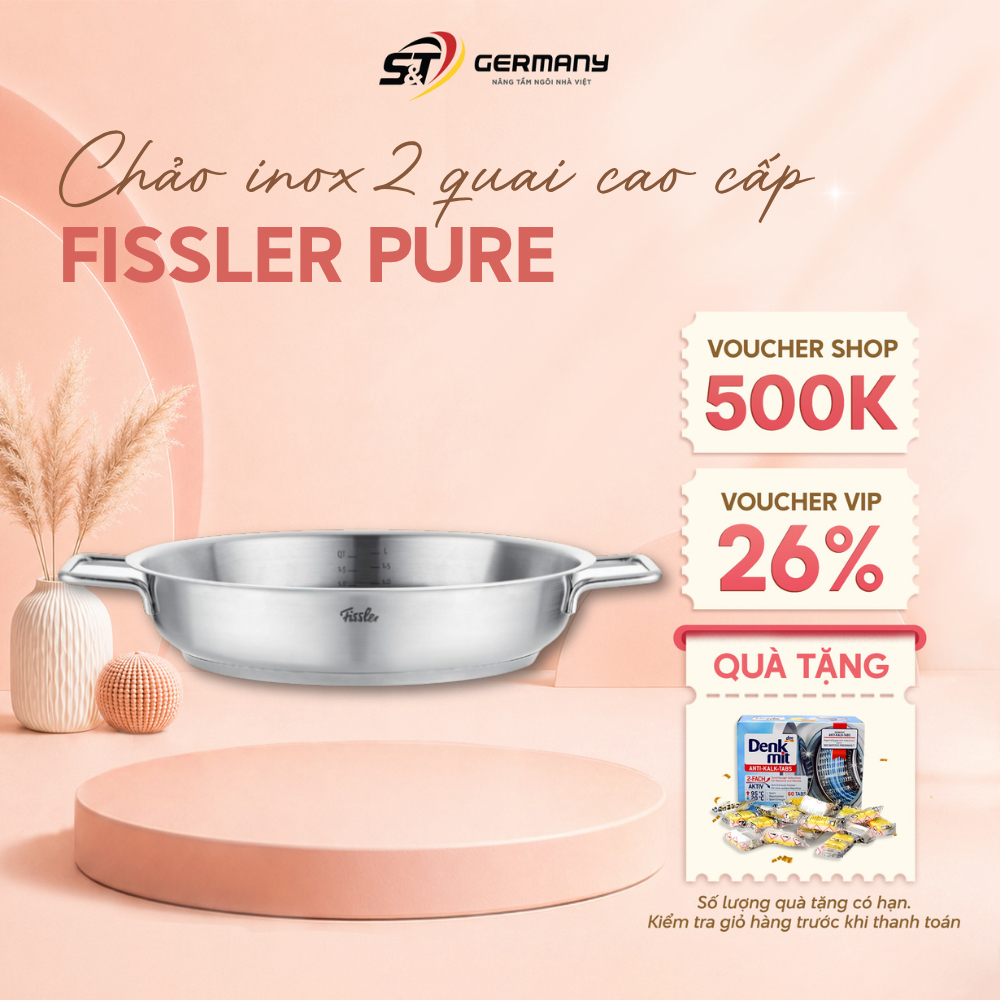 HCM Chảo inox 2 quai Fissler Pure thép không gỉ cao cấp,đáy phân phối nhiệu đều,2 quai tiện lợi Germ