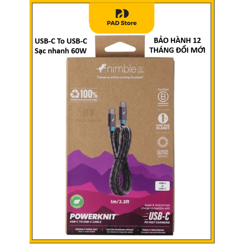 Cáp Sạc Nhanh Powerknit Nimble USB-C to USB-C - Công suất 60W