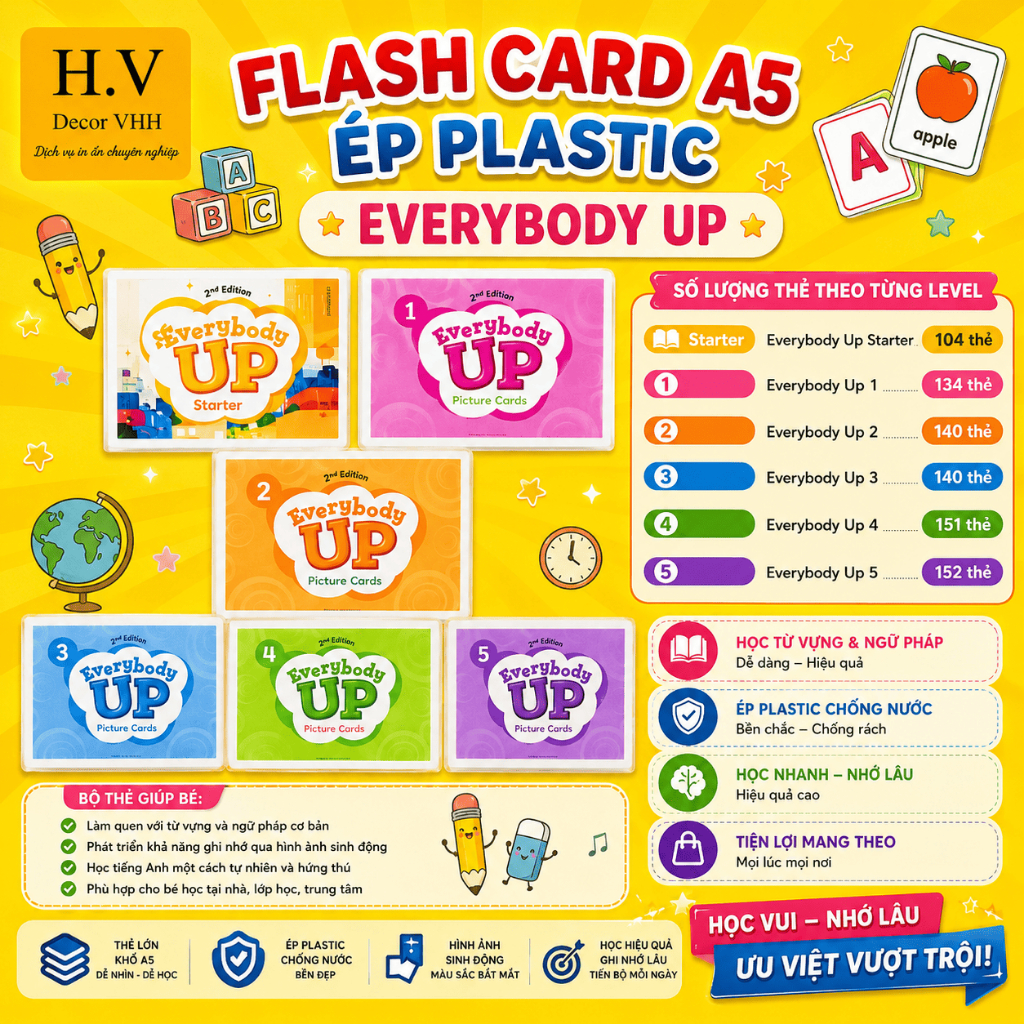 Tranh từ vựng FLASHCARD Everybody Up 1,2,3,4,5 và Starter Ép plastic