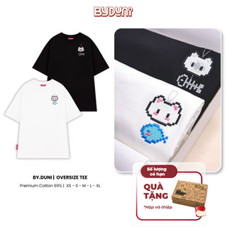 Áo thun THÊU cặp đôi BY.DUNI nam nữ form rộng Local Brand tay lỡ unisex, áo bạn thân mẫu Pixel Cat & Fish