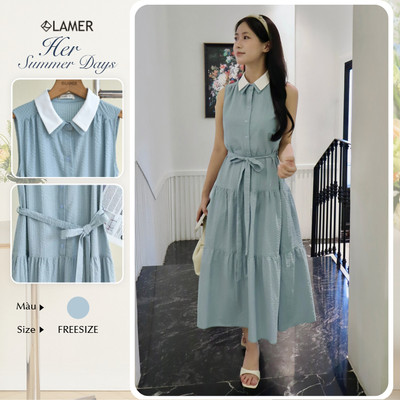 Đầm Dáng Xòe LAMER FASHION Sát Nách Nhún Tầng Cổ Phối Dây Nơ Eo O63M26H013