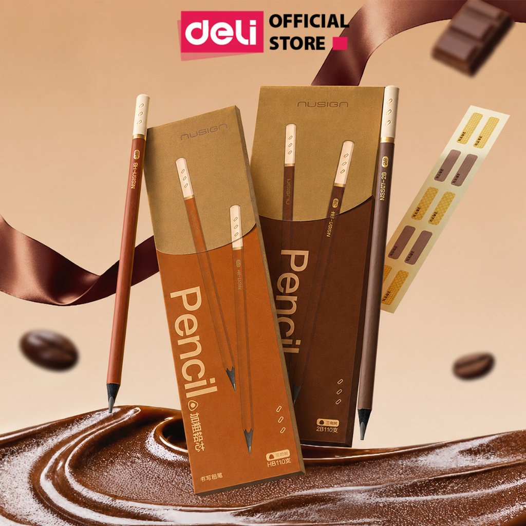 Bút Chì Gỗ Deli Nusign Cao Cấp HB/2B Màu Nâu Cacao Sang Trọng – Viết Mượt, Ngòi Đậm, Khó Gãy