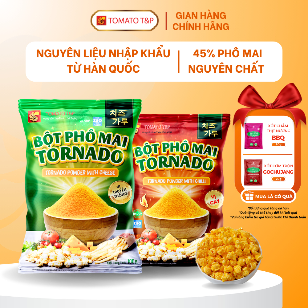 Bột phô mai mặn Tornado, bột phô mai lắc khoai, bột phô mai lắc bắp rang bơ - Gói 100g - Tomato T&P