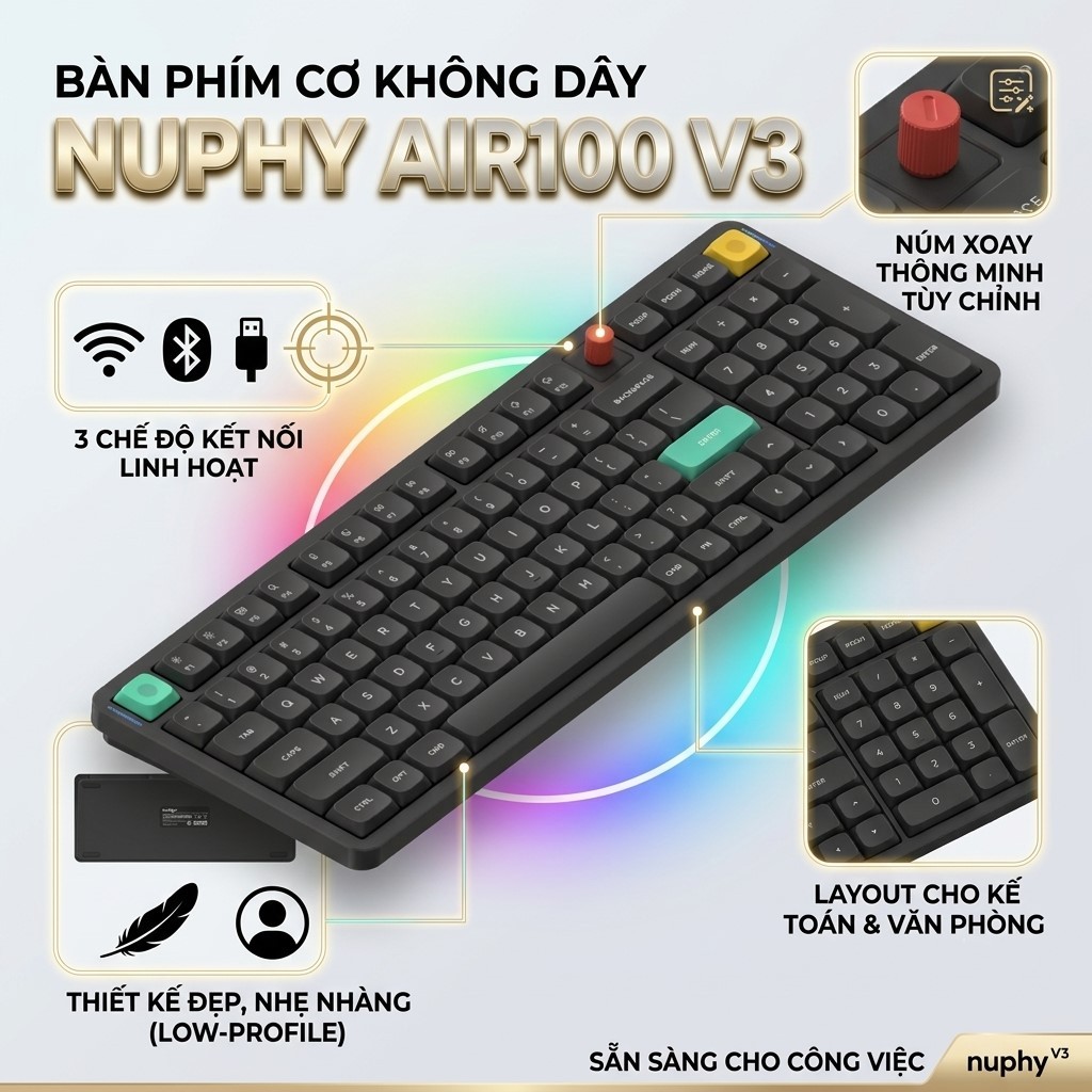 Bàn phím cơ không dây Nuphy Air100 V3 - Low profile siêu mỏng, 3 mode kết nối, Núm xoay thông minh