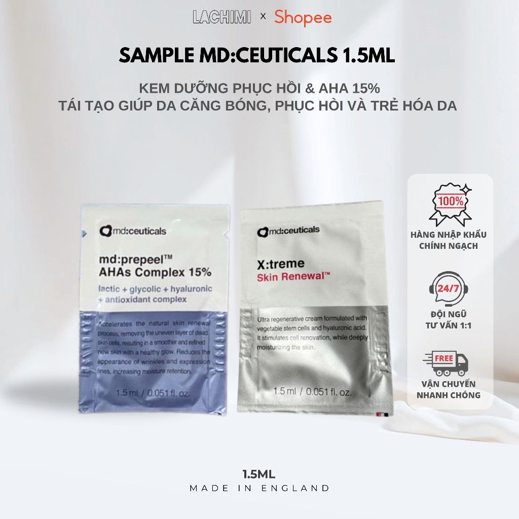 Sample md:prepeel AHAs 15% & Kem dưỡng X:Treme Skin Renewal Md:Ceuticals tái tạo căng bóng Lachimi