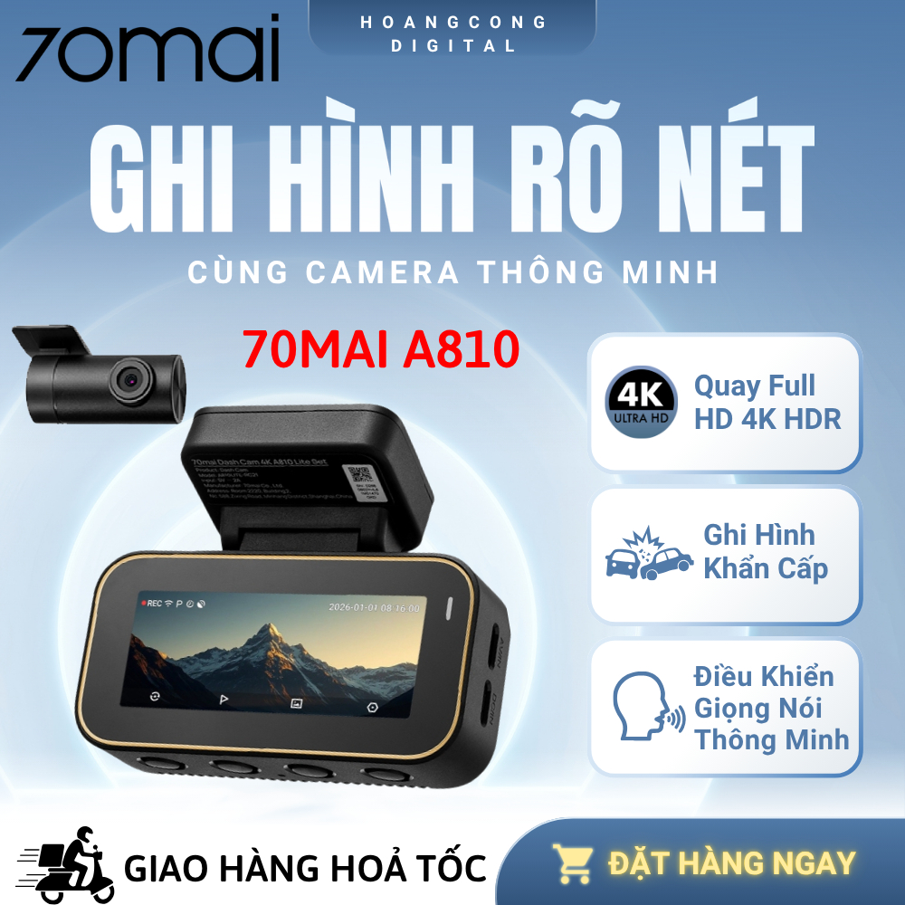 Camera Hành Trình 70mai A810 Lite 4K HDR Ghi Hình 2 Mắt Trước Sau Siêu Nét, Điều Khiển Giọng Nói, Gi