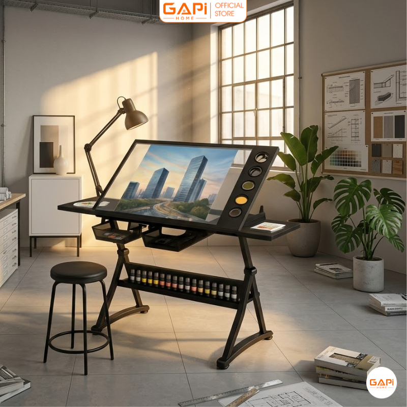 Bàn vẽ thiết kế nâng hạ tặng kèm đèn kẹp phong cách hiện đại thương hiệu GAPI - GN87