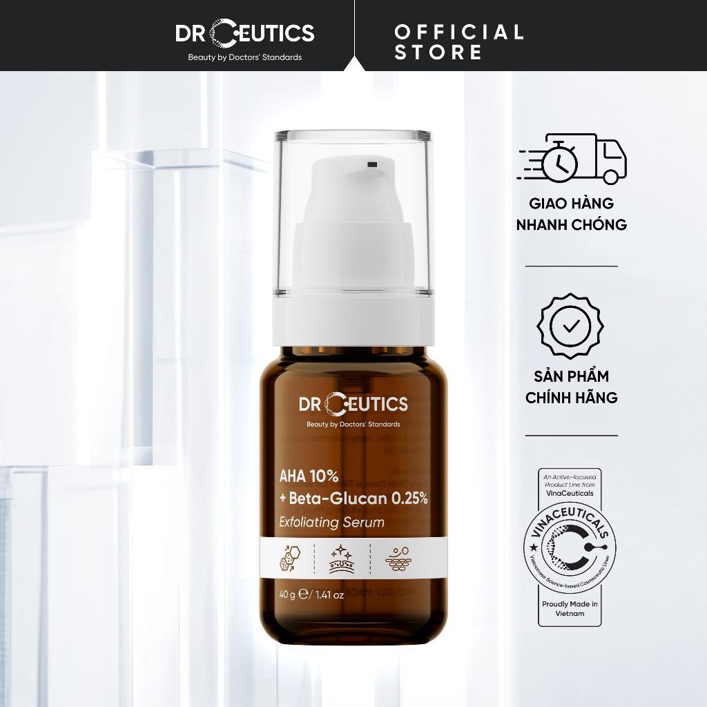 DRCEUTICS Tinh Chất Tẩy Tế Bào Chết Hóa Học AHA 10% + Beta-Glucan 0.25% Exfoliating Serum 40g - Giúp