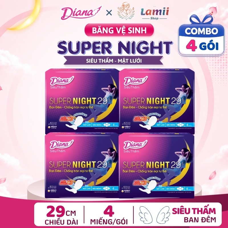 Lốc 4 gói Băng vệ sinh Diana siêu thấm Super night size dài 29cm, 35cm, 42cm mặt lưới thấm nhanh