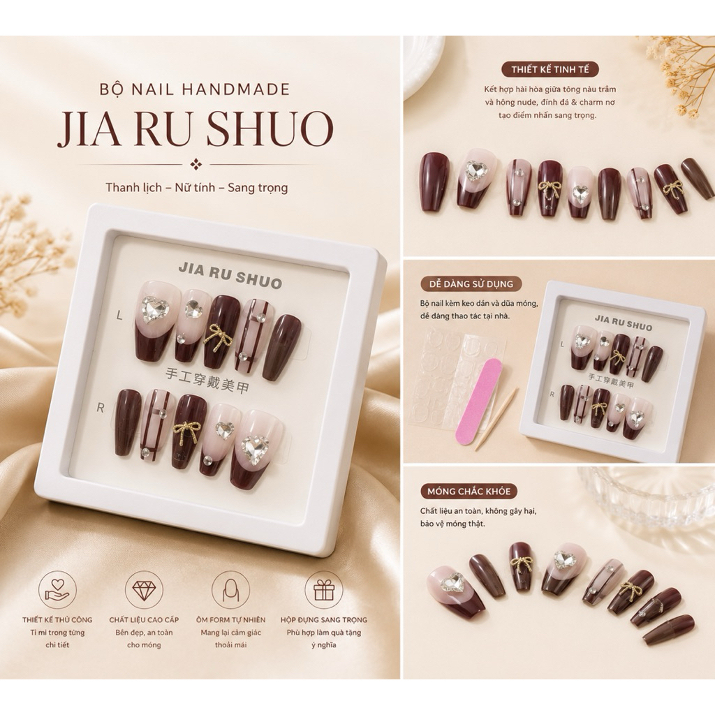 Bộ Móng Giả Handmade JIA RU SHUO Cao Cấp – Nail Box Thiết Kế Tông Nâu Trầm Hồng Nude Đính Đá & Charm
