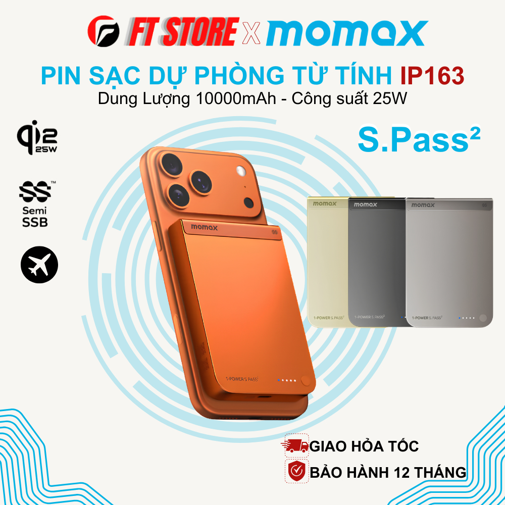 Pin Dự Phòng MOMAX IP163 10000mAh Qi2 25W S.Pass² Pin Bán Thể Rắn SSB Thiết Kế Cao Cấp
