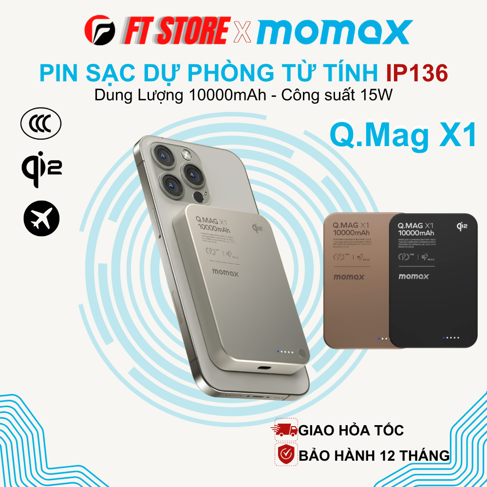 Pin Dự Phòng MOMAX 10000mAh Qi2 Q.Mag X1 IP136 Sạc Không Dây Từ Tính 15W PD20W Gen 2