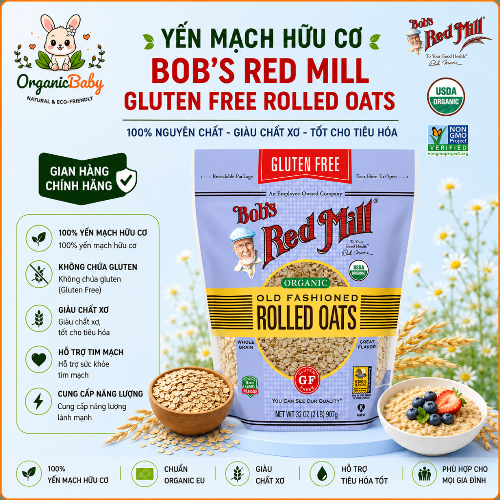Yến mạch hữu cơ cán vừa không chứa Gluten Bob's Red Mill 907gr - Gluten Free Organic Rolled Oats