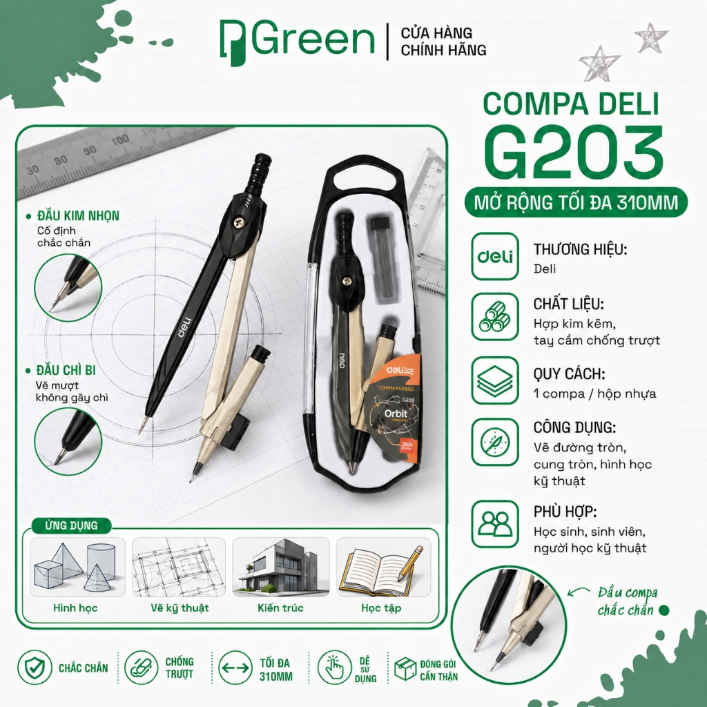 Compa Deli G203 / EG20302 – Compa Chì Kim Vẽ Hình Học, Kim Loại Chắc Chắn, Kèm Hộp Đựng | PGREEN