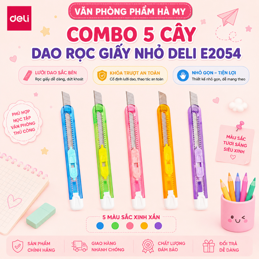 Combo 5 Cây Dao Rọc Giấy Nhỏ Deli E2054 Nhiều Màu Sắc
