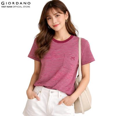 [Online Exclusive] GIORDANO Áo Thun Nữ Ngắn Tay Kẻ Sọc Túi Thêu Nơ 5326405