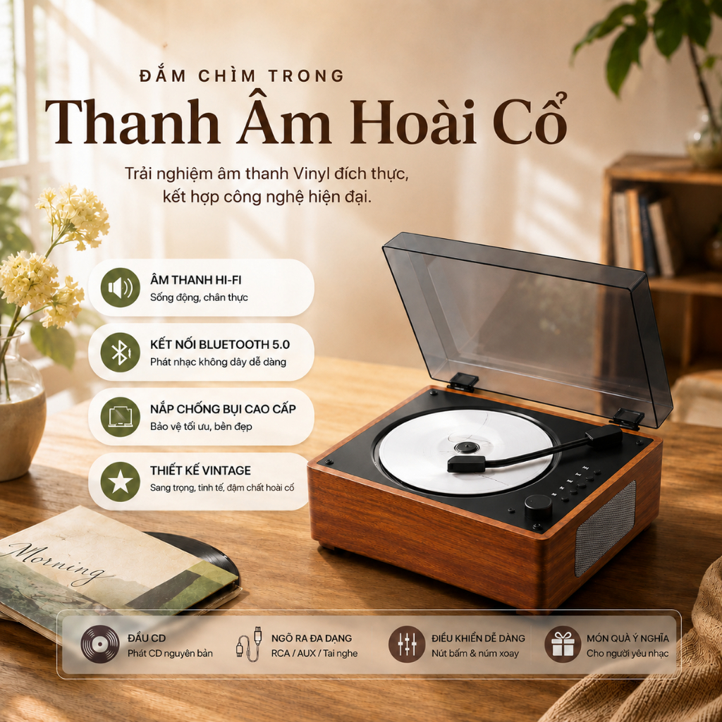 Máy Nghe CD Retro Bluetooth Loa Stereo Máy Phát Nhạc CD Vintage Loa Bluetooth USB AUX Trang Trí Phòn