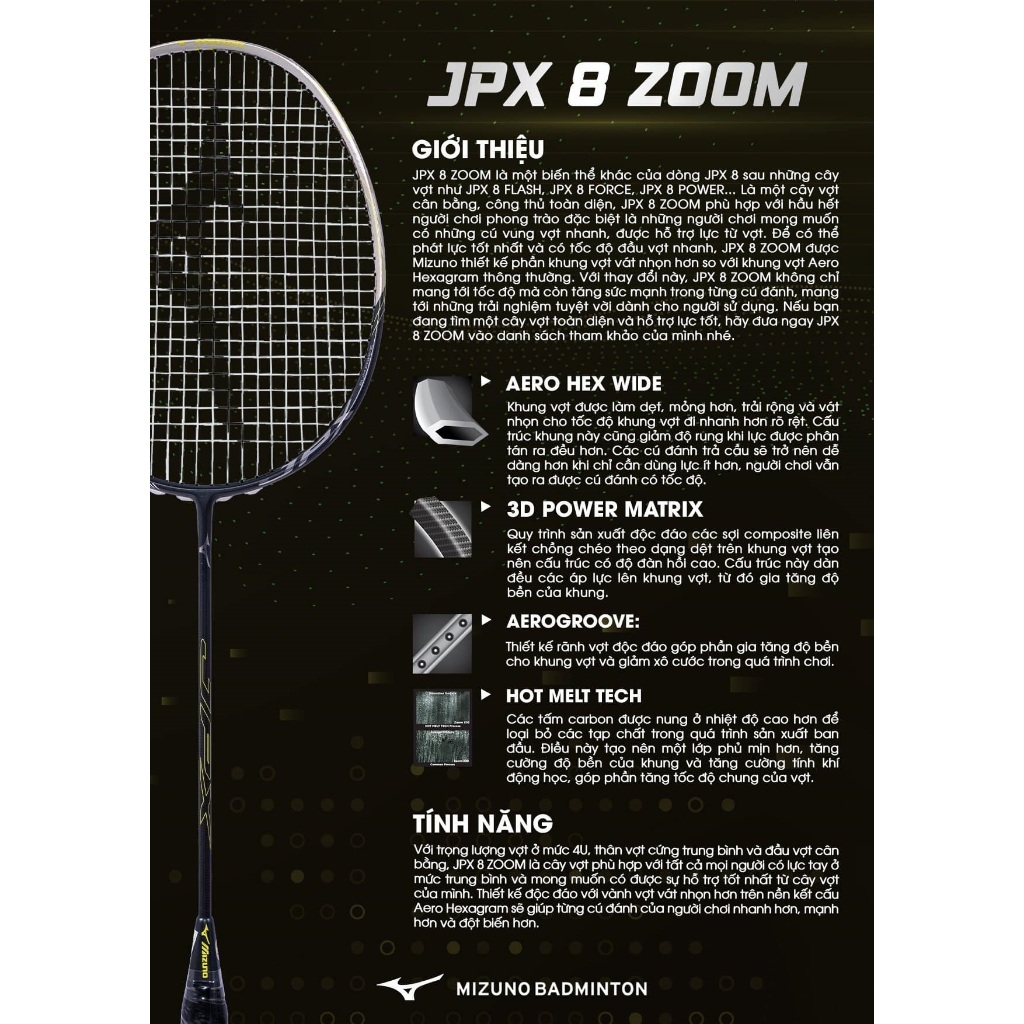 Vợt cầu lông Mizuno JPX 8 Zoom (chính hãng);   Vợt cân bằng, trọng lượng 4U, Nhất Tuyến Sports ĐBP