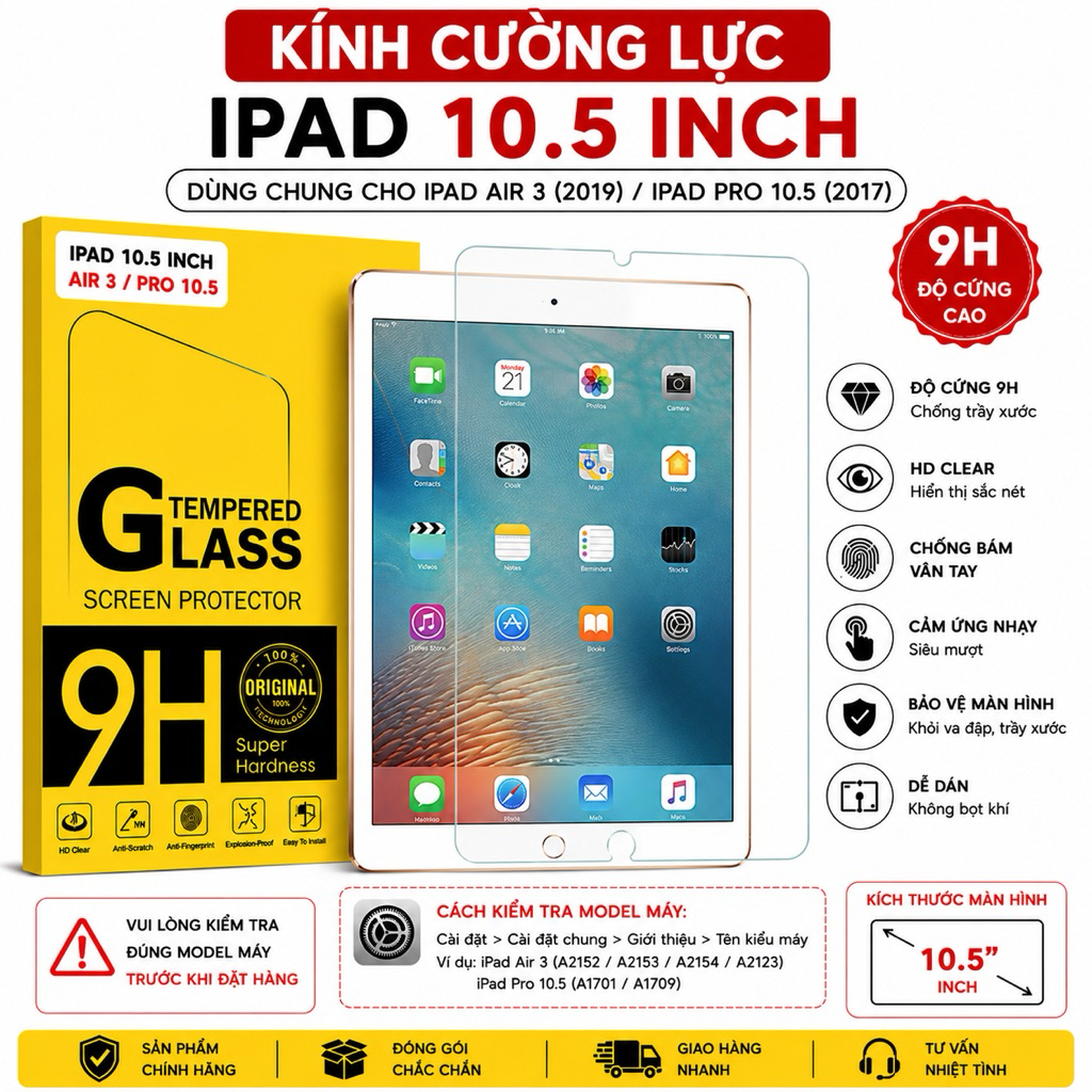 Kính cường lực iPad 10.5 inch 9H cho iPad Air 3 / iPad Pro 10.5 chống trầy chống vân tay HD