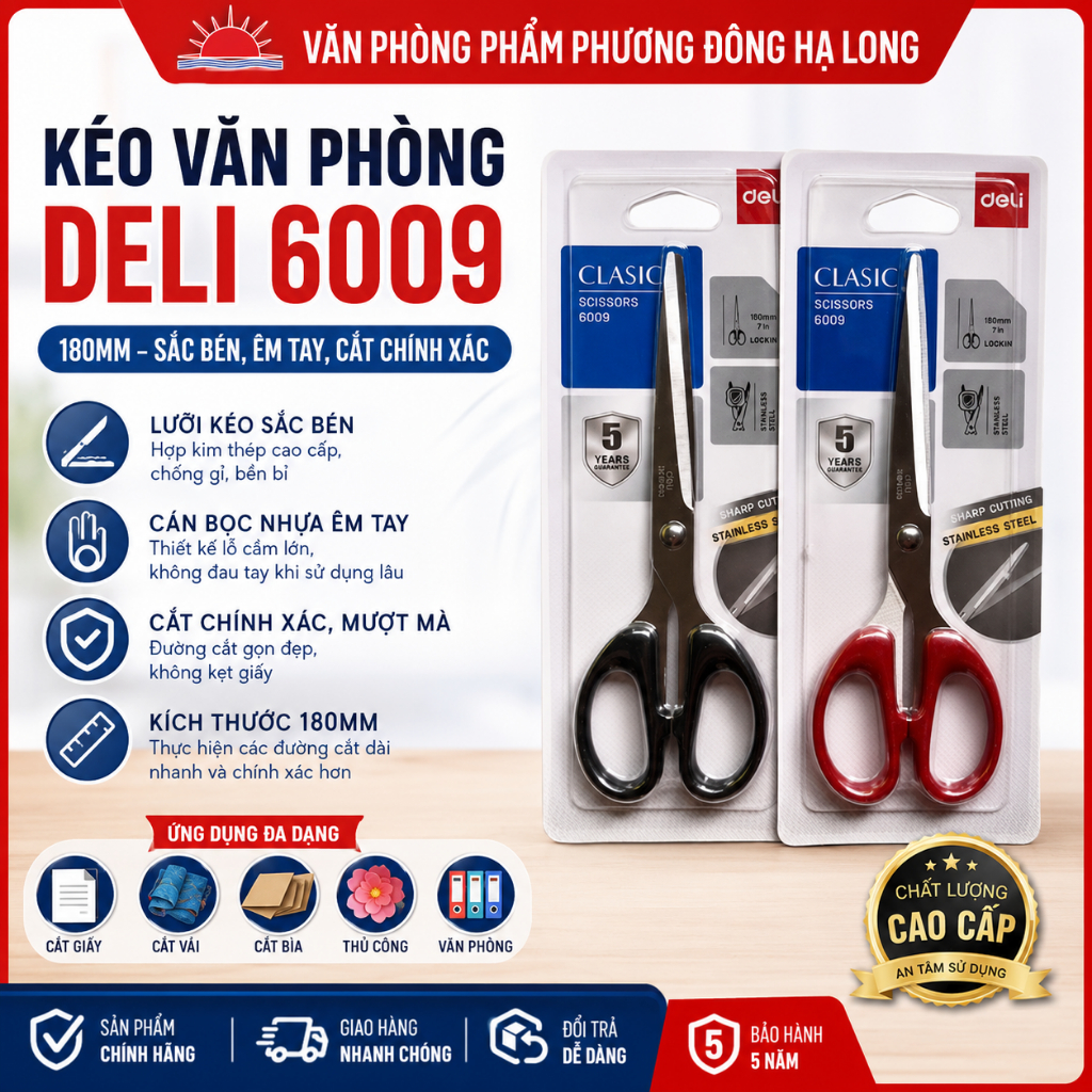 Kéo Văn Phòng Deli 6009 180mm Lưỡi Thép Sắc Bén Chính Hãng