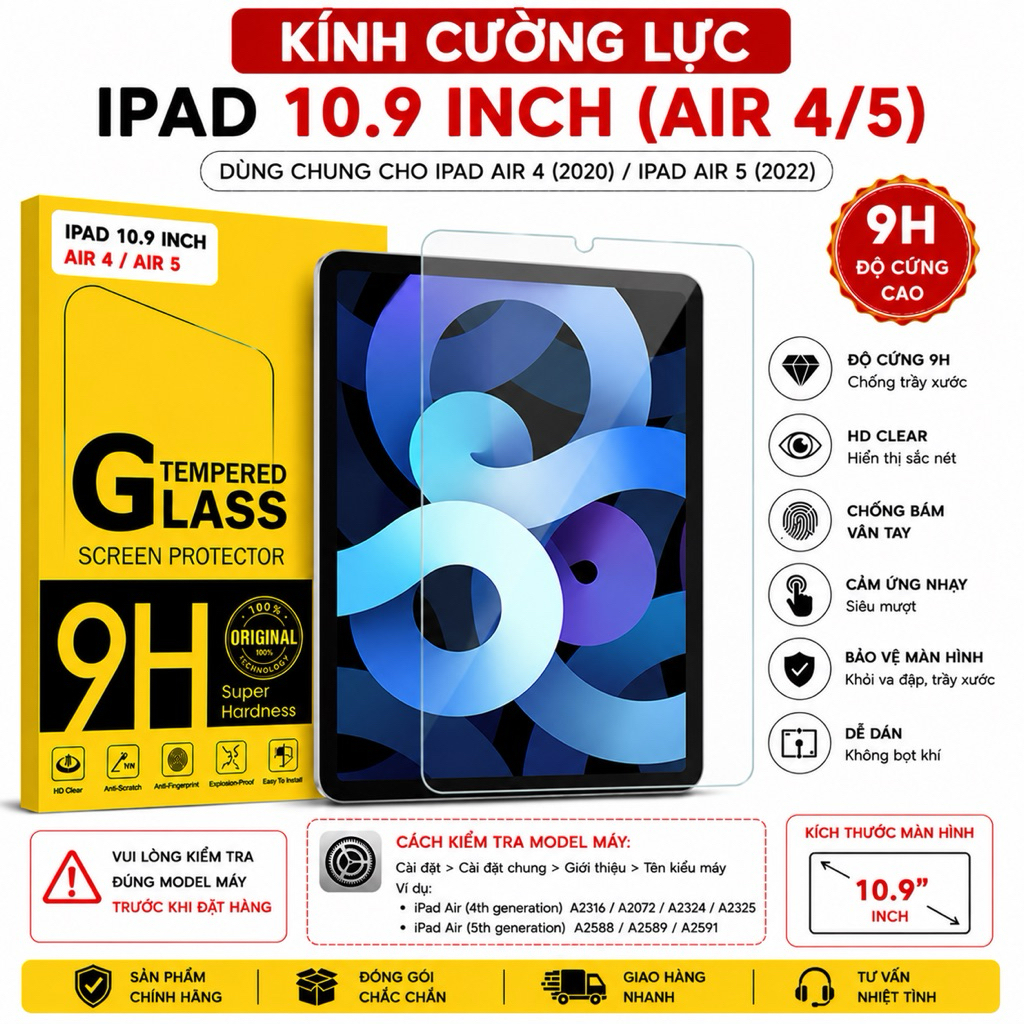 Kính cường lực iPad 10.9 inch 9H cho iPad Air 4 / Air 5 chống trầy chống vân tay HD
