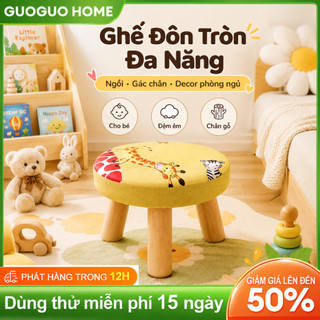 Ghế đôn tròn đa năng cho bé GUOGUO chân gỗ đệm êm, decor phòng ngủ đáng yêu