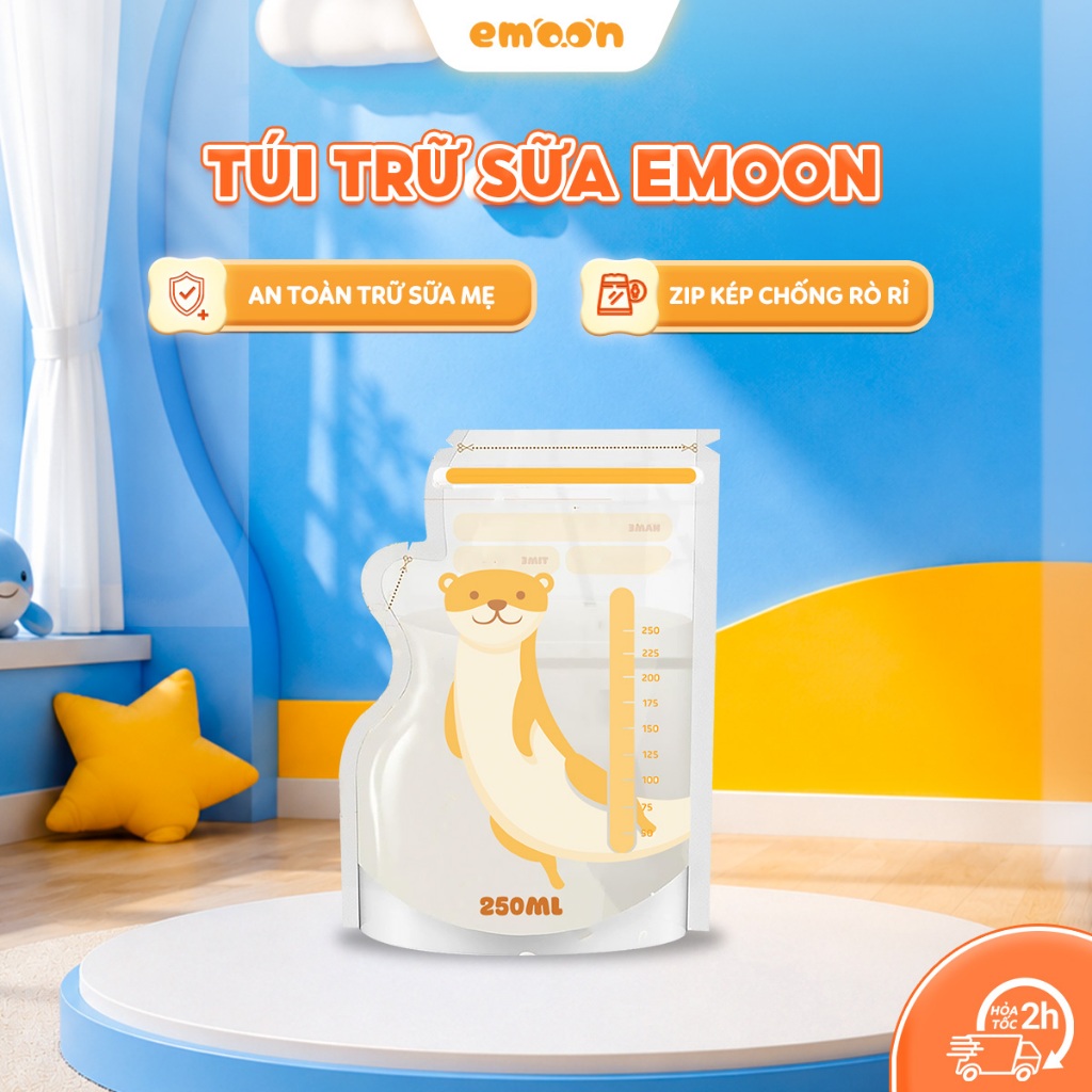 Túi Trữ Sữa Mẹ Emoon 250ml Khóa Zip Kép Chống Rò Rỉ, Chất Liệu An Toàn, Bảo Quản Sữa Tiện Lợi