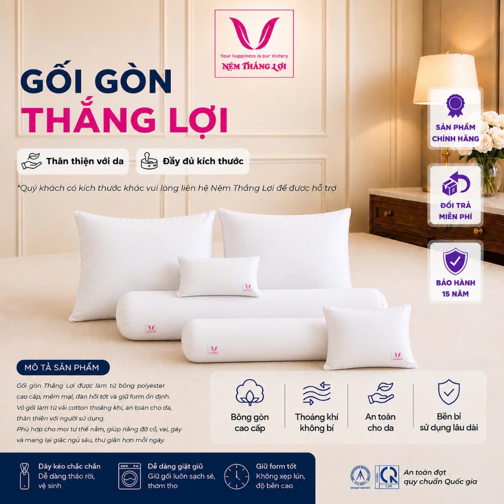 Gối nằm, gối ôm, ruột gối 40x60, ruột gối 50x70, gối gòn thắng lợi, gối nằm, gối ôm chính hãng Nệm T