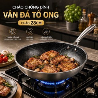 Chảo Chống Dính Đế Bằng Inox Tổ Ong 18/28cm Đáy Sâu 6cm Dùng Đươc Các Loại Bếp