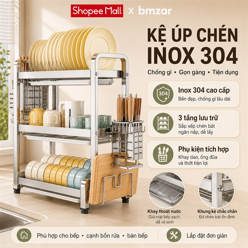 BMZAR Kệ Bát Đĩa Inox 2/3 Tầng Khay thoát nước miễn phí Kệ đựng chén bát Inox 304 Giá để bát đĩa nhà bếp