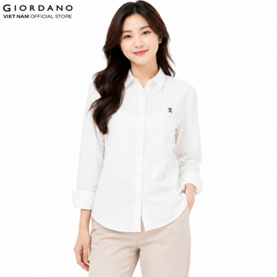 GIORDANO Áo Sơ Mi Nữ Dài Tay Thêu Logo Sư Tử Cotton Oxford Lion Shirt 5345083