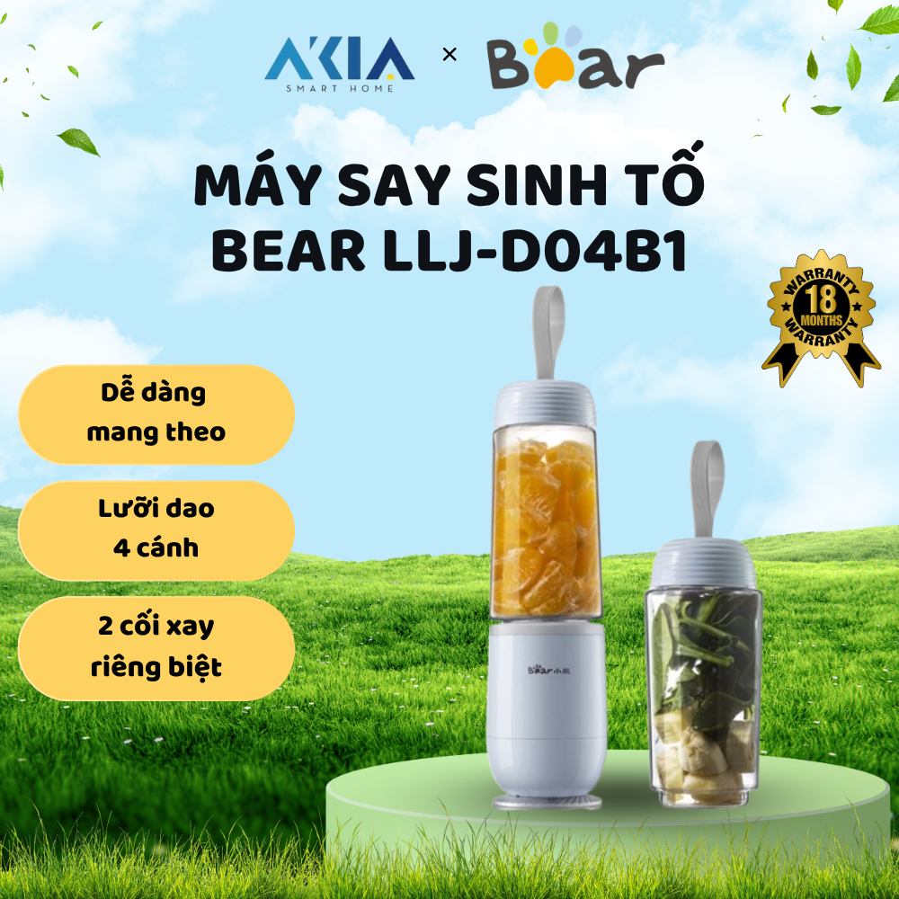 Máy xay sinh tố mini Bear LLJ-D04B1 màu xanh dương - Thiết kế hiện đại, nhỏ gọn - BH 18 tháng