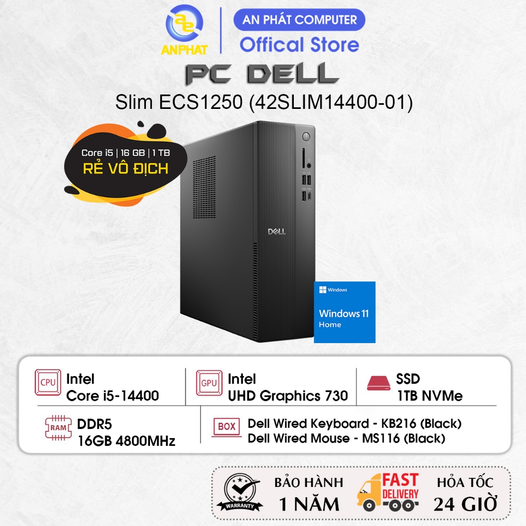 Máy tính PC Dell Slim ECS1250 (42SLIM14400-01), Core i5 14400, 16GB RAM, 1TB SSD, Win11, Chuột + Phí