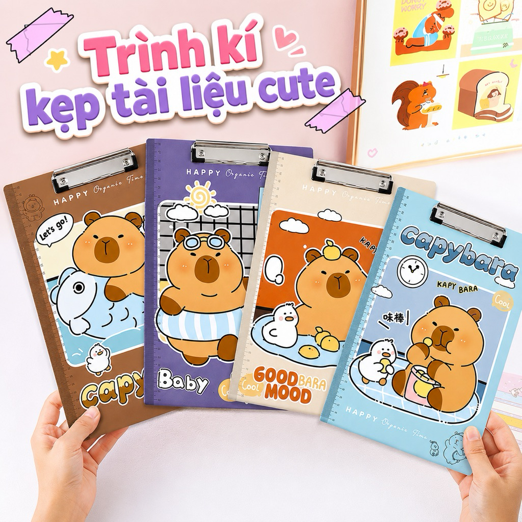 File Bìa Kẹp Tài Liệu A4 Baby three Capybara Labubu / Trình Kí BB3 Sanrio Cute Kèm Thước Kẻ Kẹp Giấy