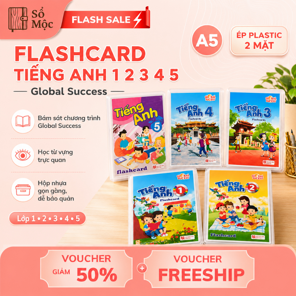 Flashcard Tiếng Anh Lớp 1 2 3 4 5 Global Success | Khổ A5 | Ép Plastic 2 Mặt | Học Từ Vựng