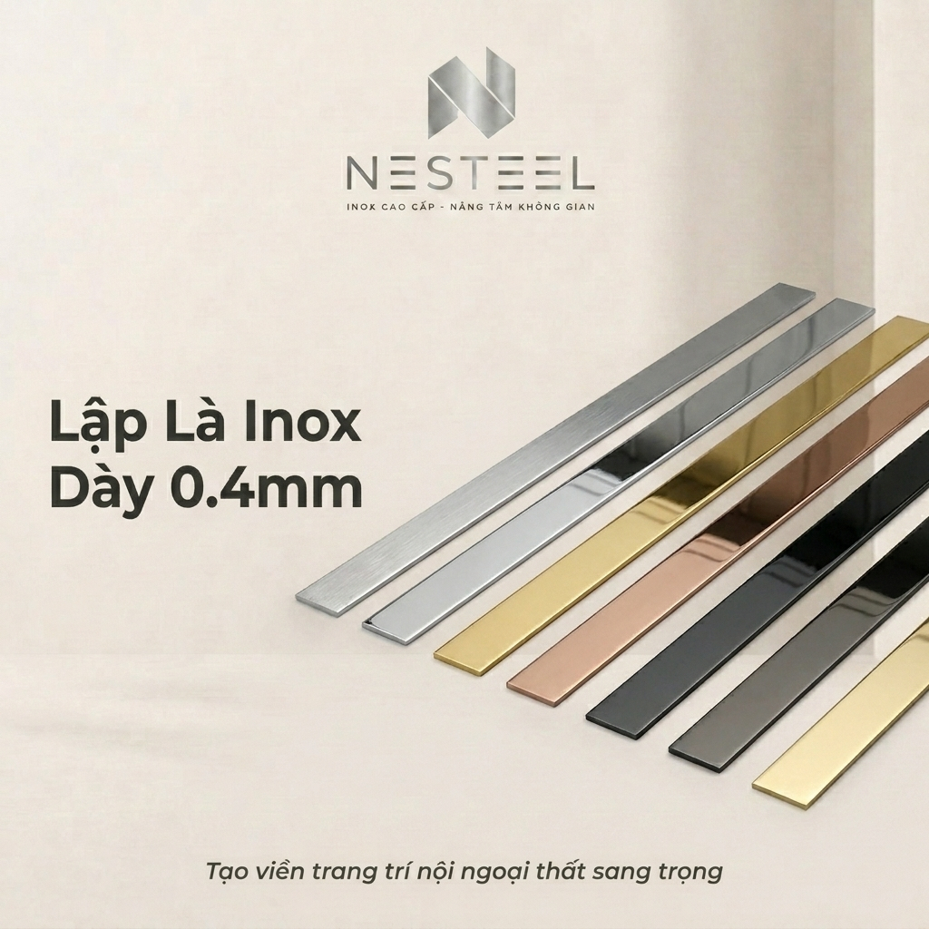 La cuộn Inox 304, nẹp la inox dán tường, dày 0.4mm, dùng tạo viền trang trí nội ngoại thất cao cấp, 