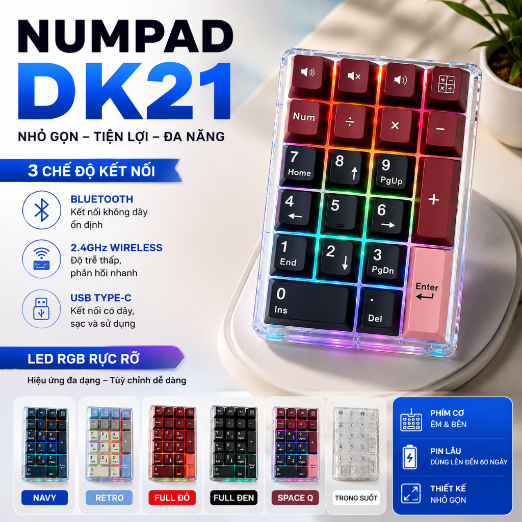 [HỎA TỐC] REUP Kit Numpad DK21(DK22)  Ba Chế Độ Kết Nối | RGB Pin 650mAh (Có App Keymap)