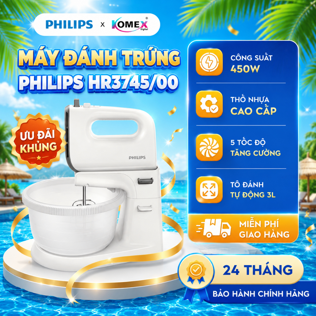 Máy nhồi bột đánh trứng Philips HR3745/00 - Bảo hành 2 năm