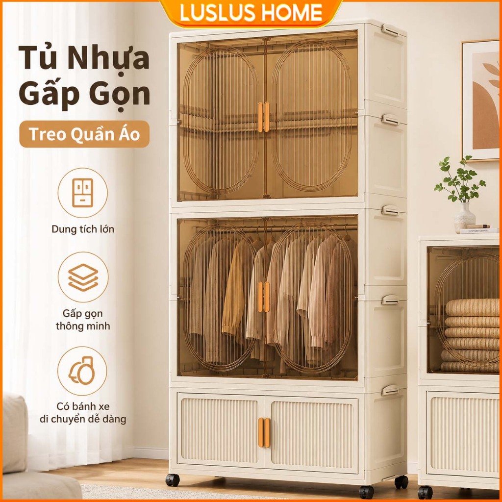 LUS Tủ Nhựa Gấp Gọn 80cm Có Ngăn Treo Tủ Quần Áo Nhiều Tầng Có Bánh Xe Nhựa PP Đựng Đồ Phòng Ngủ