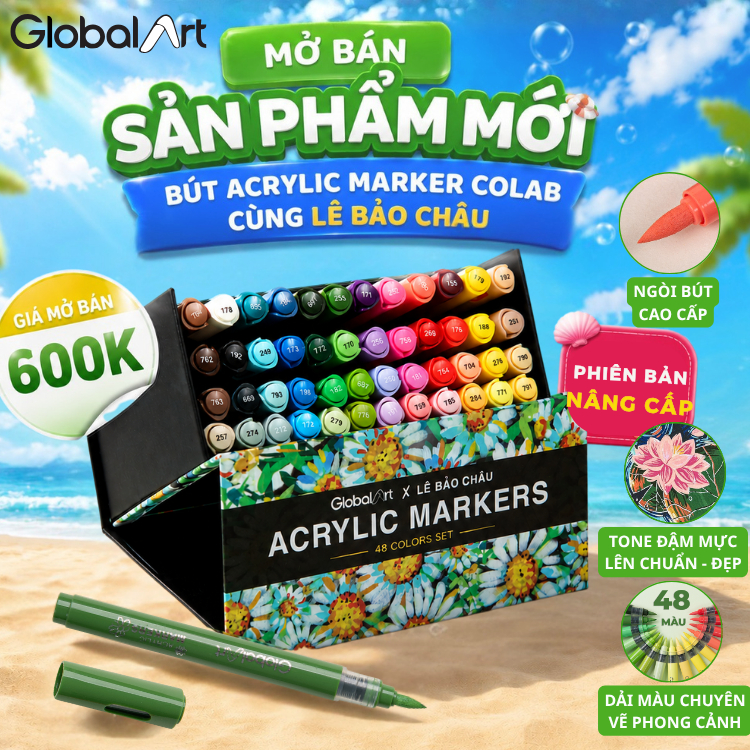 [Global Art x Lê Bảo Châu] Màu Acrylic Marker "Cúc" Dải Màu Tươi Sáng Hộp 48 Màu, Mực Cao Cấp Blend,