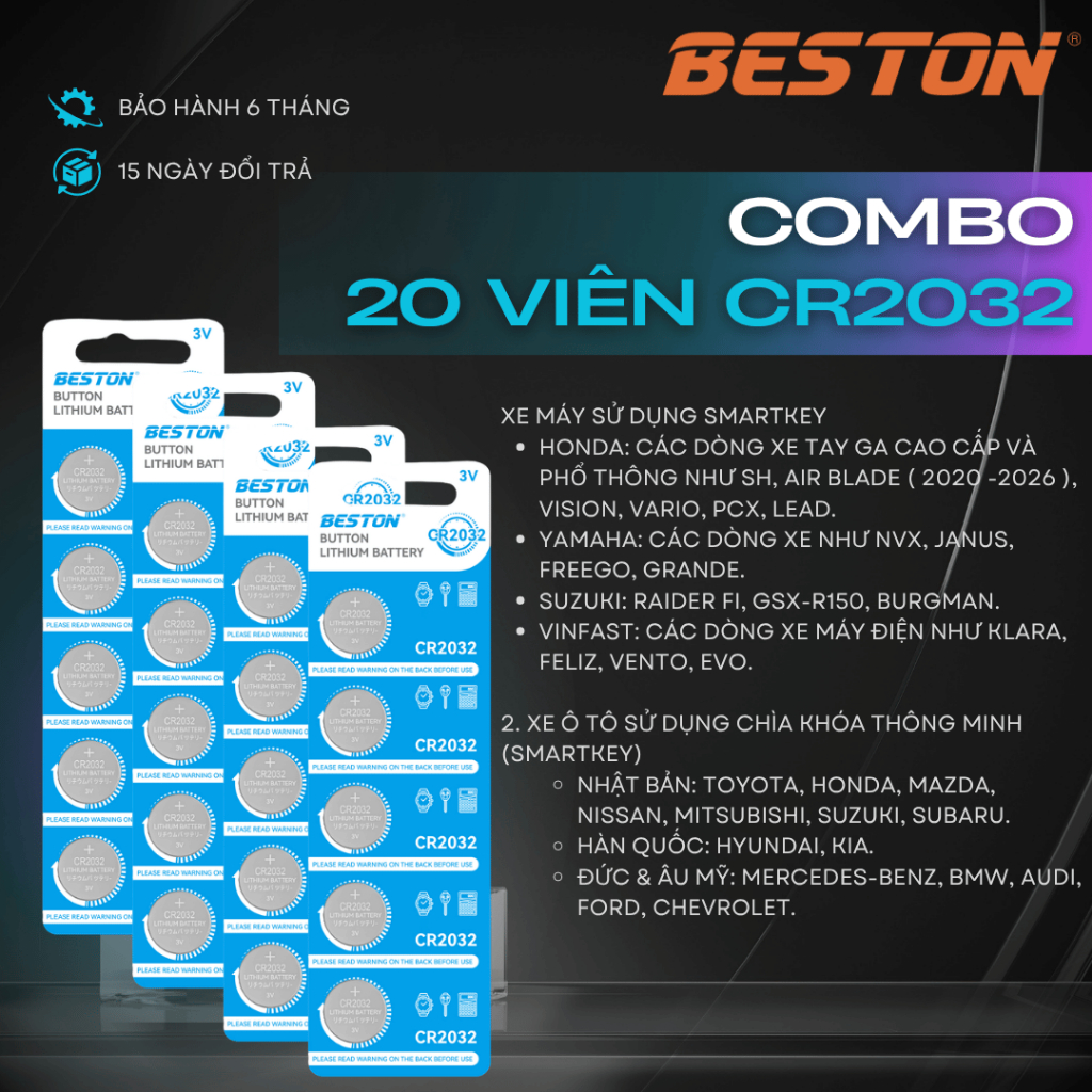 Vỉ 5 viên pin CR2032, CR1632 Beston Pin cúc áo 3V dùng cho điều khiển xe máy , quạt, cân điện tử