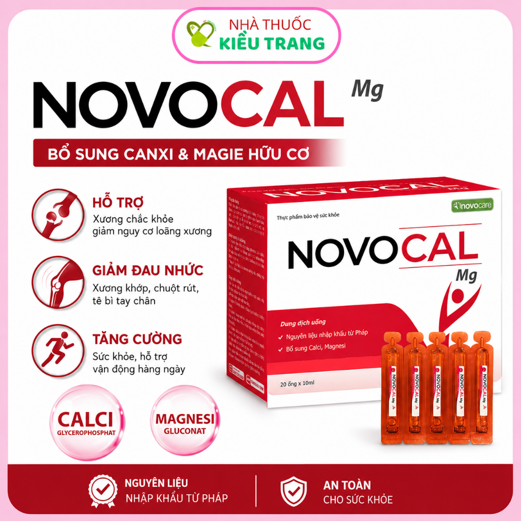 Canxi NOVOCAL Mg – Canxi hữu cơ dạng nước kết hợp Magie, hấp thu tốt, vị dưa vàng thơm ngon