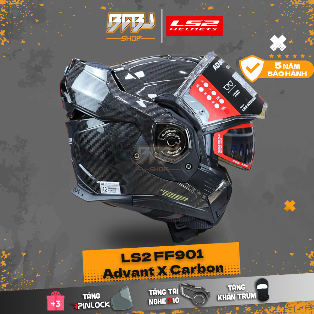 Mũ Fullface Lật Hàm 180 Độ LS2 FF901 Full Carbon Cao Cấp Tiện Dụng